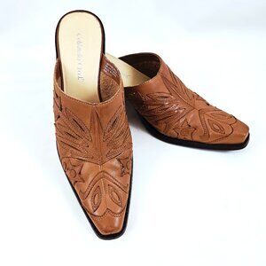 Coldwater Creek Western Leather Mule Booties 8.5 Brown Embellished Rodeo Cowgirl